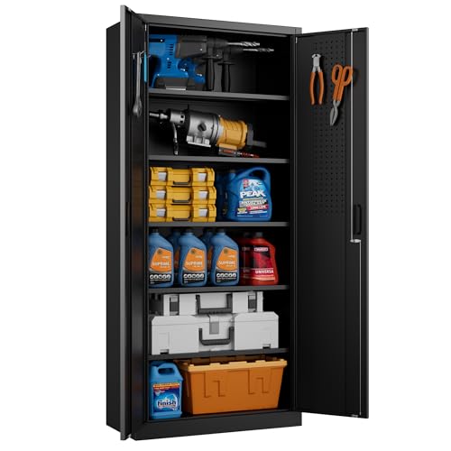 Aobabo 71' H×32' W×16' D Metal Storage Cabinet with 5 Adjustable Shelves, Locking Steel Storage Cabinet with Pegboards and 4 Hooks for Garage, Office, Black, Assembly Required