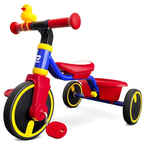 RIDYEE Tricycle for Toddlers 1.5-3 Years, Tricycles for 18 Mos to 3 Years with PU Tires, Stable Riding on Any Surface, Toddler Tricycle with Adjustable Seat, Non-Sharp Edge Design, Large Basket, Blue