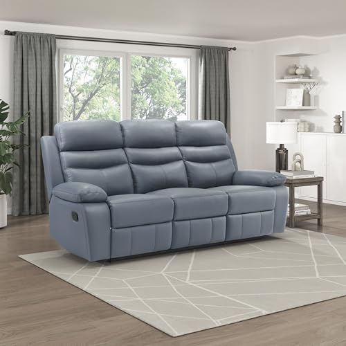 Lexicon 86.5' W Manual Reclining Sofa, Top Grain Leather Match Reclining Sofa, Home Theater Seating, Wall Hugger Recliner Couch, Manual Double Recliner RV Couch for Living Room, Blue