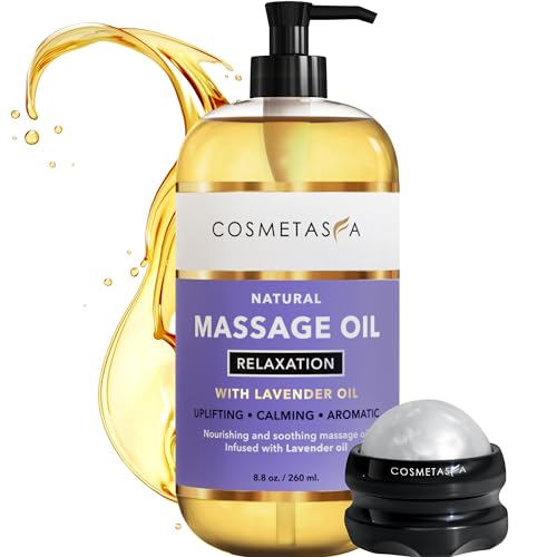 Cosmetasa Lavender Massage Oil for Massage Therapy with Roller - All Natural, Cruelty-Free & Spa Quality Skin Therapy Oil & Soothing Care - Lavender, Geranium & Grapeseed Oil (8.8 oz)