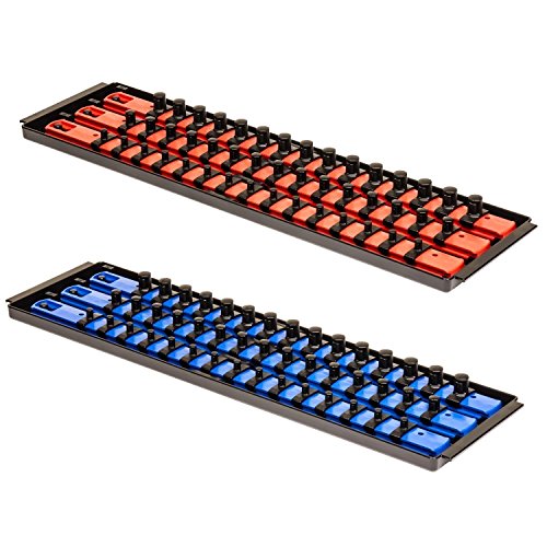 MLTOOLS Socket Organizer - 90 Pieces Universal Twist-Lock Clips to Fit 1/4', 3/8', 1/2' Socket Driver - Includes 2 Trays, 6 Rails (15 Clips Each), Labels -Tool Box Accessories Made In USA - Red & Blue