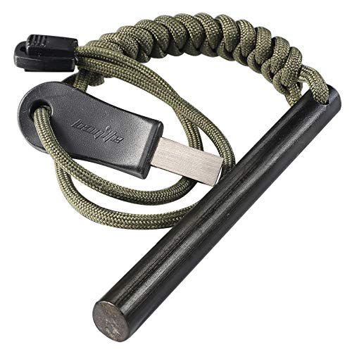 bayite 4 Inch Survival Ferrocerium Drilled Flint Fire Starter, Ferro Rod Kit with Paracord Landyard Handle and Striker, 4'(Long) x 3/8'(Diameter)