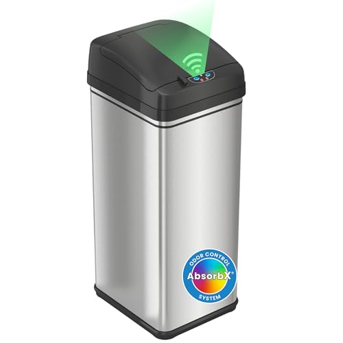 iTouchless 13 Gallon Kitchen Trash Can with Lid & Odor Filter – Motion Sensor Stainless Steel Garbage Bin for Home, Office, or Garage – Slim, Large Capacity Design