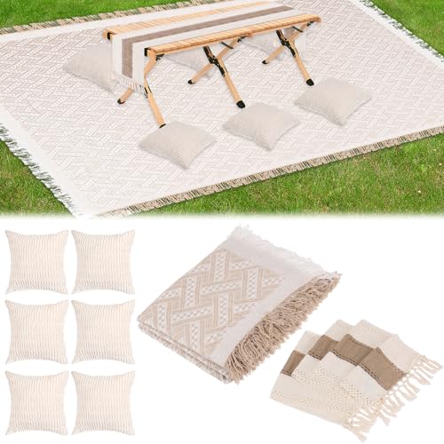 5.9x7.5ft Extra Large Outdoor Boho Picnic Blanket with White Table Runner & 6 Pillow Covers, Machine Washable Picnic Blankets Outdoor Blanket for Summer Picnic Camp Beach Wedding