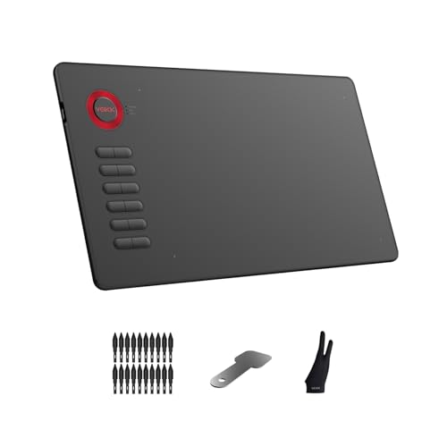 Drawing Tablet, VEIKK A15 10x6 inch Drawing Pad with 12 Shortcut Keys, 8192 Levels of Pressure and Battery-Free Pen, 20 Additional Nibs, Graphic Tablet for Win/Mac/Linux/Android OS （Red）