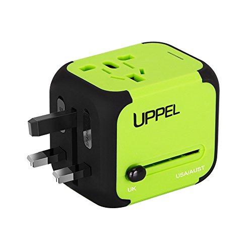 UPPEL Travel Adapter Dual USB All-in-one Worldwide Travel Chargers Adapters for US EU UK AU About 152 Countries Wall Universal Power Plug Adapter Charger with Dual USB and Safety Fuse (Green)