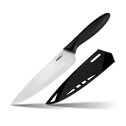 Zyliss Chef's Knife with Sheath Cover - Stainless Steel Knife - Fruit, Vegetable, Herbs & Meats Knife - Travel Knife with Safety Kitchen Blade Guards - Dishwasher & Hand Wash Safe - 7.25' - Black