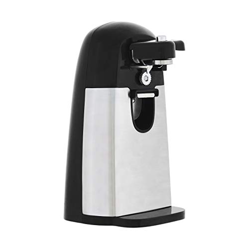 Amazon Basics 3-In-1 Electric Can Opener, Bottle Opener and Knife Sharpener, with Stainless Steel Blade, Magnetic Lid Holder, Automatic, Countertop, 50W, Black