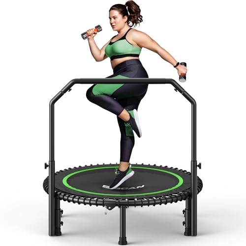 BCAN Adult Mini Trampoline, 40' Fitness Trampoline with Bungees, U Shape Adjustable Foam Handle, Stable & Quiet, Indoor Outdoor Workout-Green