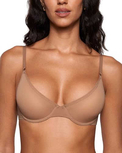 INLYRIC Women's Cosnufy Sheer Balconette Bra Demi Unlined Plunge Mesh See Through Sexy Bras Underwire Gravel Beige 36D