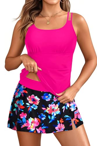Women Tankini Swimsuits with Skirt - Pink Floral Two Piece Tummy Control Bathing Suit with Pockets Loose Fit 2025 Swimwear XL