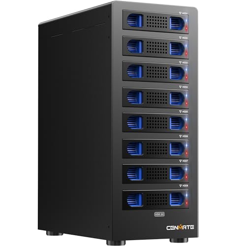 CENMATE 8 Bay Hard Drive RAID Enclosure with Cooling Fan for 2.5/3.5' SATA HDD/SSD with USB A/C 3.0＋eSATA Cable, 3.5 Hard Drive Enclosure Supports 160TB Capacity, 8 RAID Modes, DAS(NO NAS)