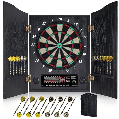 Yirinatek Electronic Dart Board, Decorative Dart Board Cabinet Set for Adults [12*Bronze Soft Tip Darts] [Cricket Game Mode]- Wooden Electric Dartboard Cabinet for Game Rooms - Black