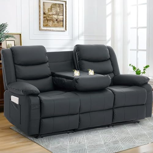 Korser Recliner Sofa, Reclining Loveseat with Console, Reclining Couch with Drop Down Table, 3-Seater Leather Sofa with Cup Holder and Recessed Power Strip, Black