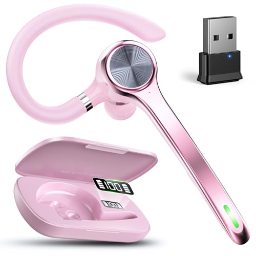 Ngsod Bluetooth Headset, Wireless Earpiece with UPGARD Noise Canceling Mic,500mAh Charging Case Support 72H Talking Time,Hand-Free Headphones with Mute Button for Computer Cell Phones Trucker-Pink