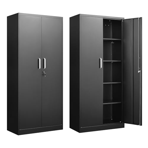 Approgreent Metal Storage Cabinet with Adjustable Shelves, Garage Cabinet with 2 Lockable Doors, Garage Storage Cabinet, Kitchen Pantry Cabinet - 71'H, Black