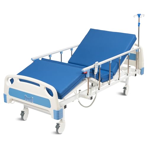 Real Relax Premium 2 Function Full Electric Hospital Bed, ICU Electric Medical Bed with 4 inch Foam Mattress & IV Pole, Dining Table Board and 5 inch Locking Casters, 530LBS Loading.