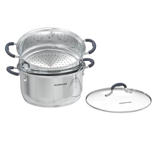 SUNHOUSE - 3.3 Quart Steamer Pots With Lid 2-Tier Multipurpose Stainless Steel Steaming Pot Cookware With Handle For Vegetable, Dumpling, Sauce, Food - Triple Bottom, Measurement Line