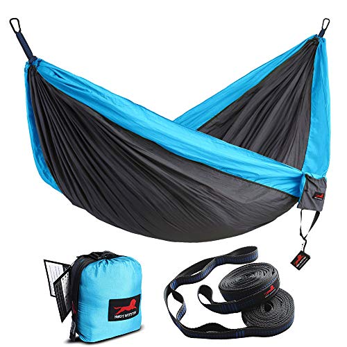 HONEST OUTFITTERS Single Camping Hammock with Basic Hammock Tree Straps,Portable Parachute Nylon Hammock for Backpacking Travel Grey/Blue 55' W x 108' L