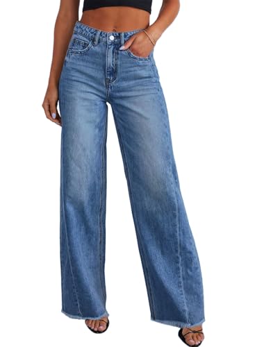 Sidefeel Women's Wide Leg Jeans High Waisted Stretchy Raw Hem Denim Pants Size 12 Blue