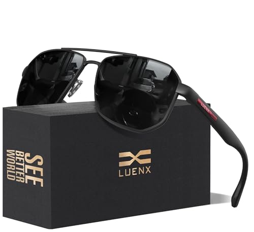 LUENX Aviator Sunglasses for Men Square Polarized Polygon Black Lens Matte Black Frame - UV 400 Protection with Accessories