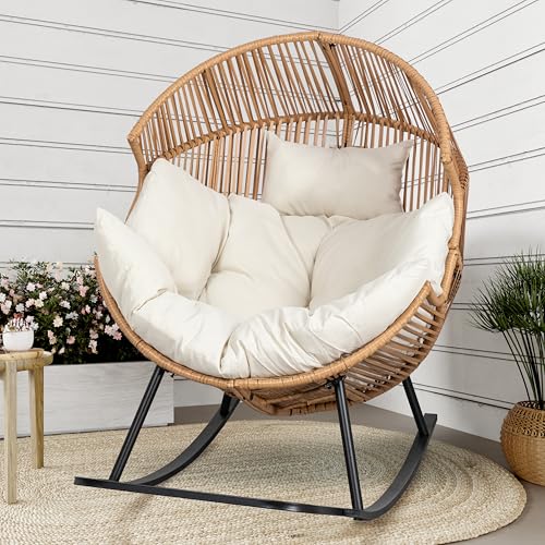 Shintenchi Wicker Egg Chair,Oversized Outdoor Indoor Rocking Chair,Large PE Rattan Rocking Chair with Cushion for Patio, Balcony, Backyard, Garden, Beige