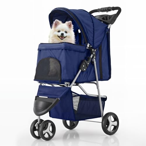 MoNiBloom 3 Wheels Pet Stroller, Foldable Dog Cat Cage Jogger Stroller with Weather Cover for All-Season, Storage Basket and Cup Holder, Breathable and Visible Mesh for Small/Medium Pets, Blue
