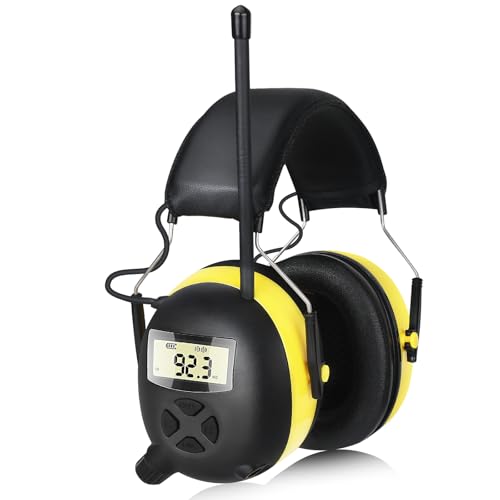 AM/FM Radio Headphones with Digital Display, 30dB AM FM Hearing Protection Safety Ear Muff, Ear Protection Headphone for Mowing, Landscaping, Shooting and Construction Black-Yellow