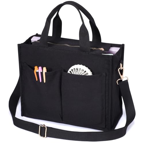 F-color College Tote Bag for Women - Crossbody Canvas Nurse Bag with Zipper & 7 Pockets, Everyday Bag with 14' Tablet Compartment for College Teacher Work Travel Gift, Large Black