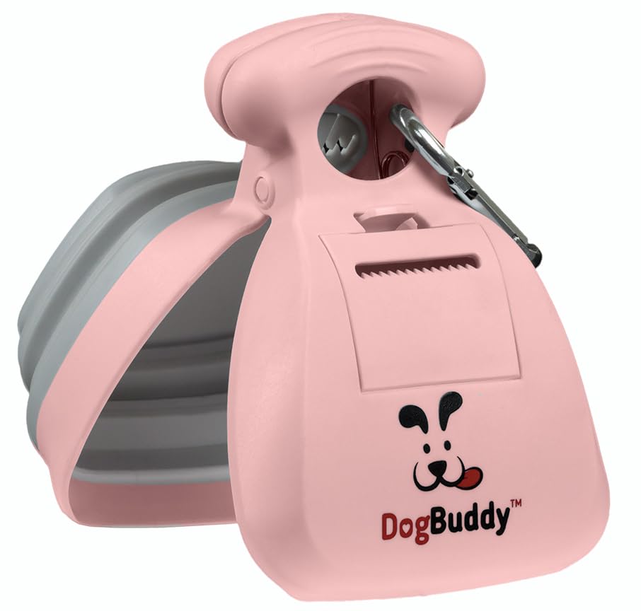 DogBuddy Portable Dog Waste Pick Up, Heavy Duty Dog Waste Cleaner with Bag Dispenser and Leash Clip - Includes Scooper Bags (Small, Pink)