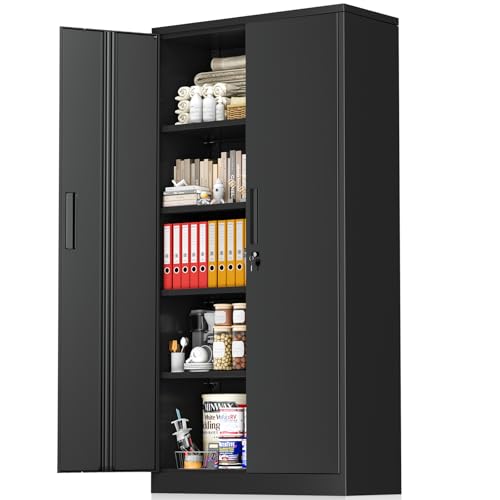 Greenvelly Metal Storage Cabinet with Lock, 72” Black Garage Storage Cabinet with Doors and Shelves, Tall Lockable File &Tool Cabinet for Home Office, Metal Classroom Cabinet Basement