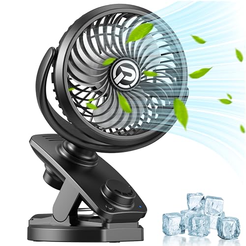 Clip On Table Fan, 5000mAh Rechargeable Battery Operated, Max 40Hrs Cooling, Stepless Speeds Control, Auto Oscillation, Portable for Golf Cart Stroller RV Camping Outdoor Travel Hurricane