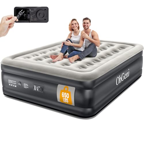 OhGeni Air Mattress Queen with Built in Pump, Inflatable Blow Up Mattress 18 Raised Comfort,Upgraded Surface Portable Mattress, Air Bed for Camping, Home and Guest, Colchone Inflable, 650 lbs Max
