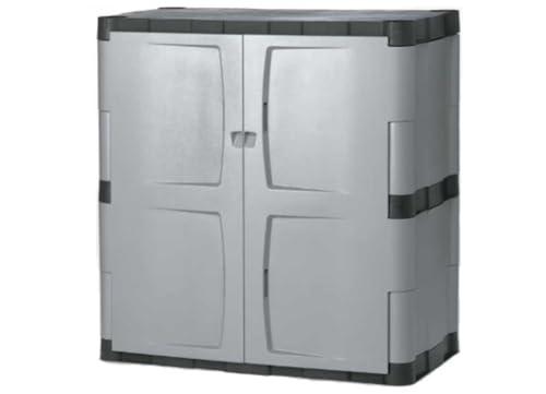 Rubbermaid Freestanding Storage Cabinet Five Shelf with Double Doors Lockable Large 690-Pound Capacity Gray For Garage/Outdoor Garden Tools/Toys/Power Tools/Pool Accessories Grey