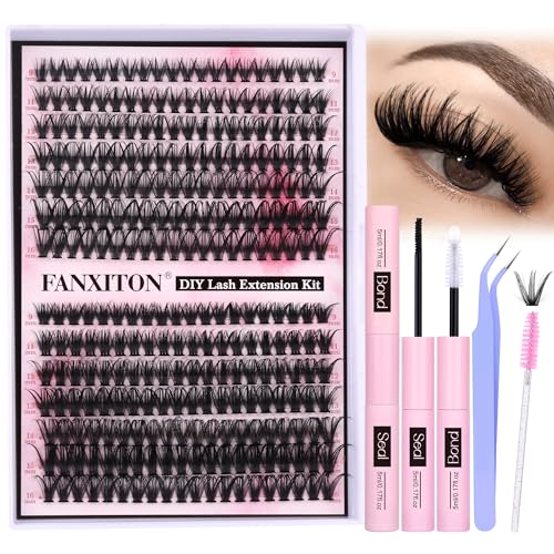FANXITON DIY Lash Extension Kit Volume Lash Clusters 40D+50D D Curvature Individual Lashes Lash Clusters Kit Thick Eyelash Extension Kit 280 pcs Thin Band Cluster Lashes Lash Bond and Seal Tweezers