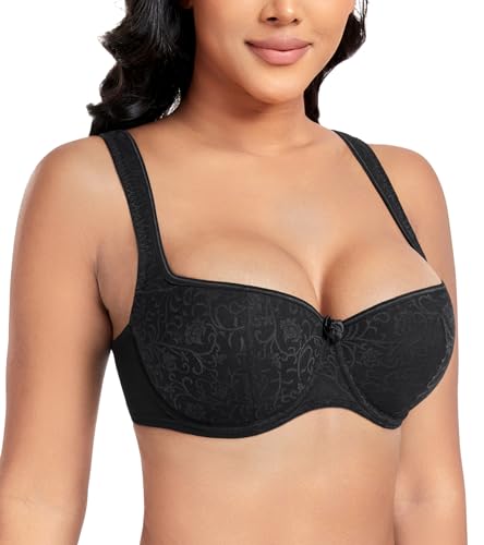 DotVol Women's Plus Size Wide Straps Lace Demi Underwire Lightly Padded Balconette Bra(Black,38DDD)