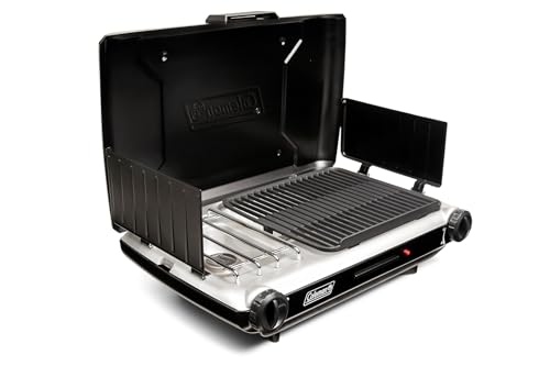 Coleman Tabletop 2-in-1 Grill & Stove with 2 Adjustable Burners, Propane Grill/Stove with Push-Button Starter, Wind Guards, Grease Tray, & 20,000 BTUs of Power for Camping, Tailgating, & More