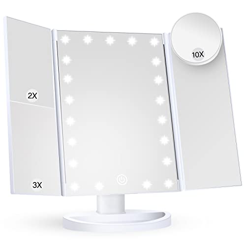 HUONUL Makeup Mirror Vanity Mirror with Lights, 2X, 3X, 10X Magnification, Touch Control, Trifold, White, 9.4' L x 13.4' W, Modern Style, Dresser Mount, Bathroom