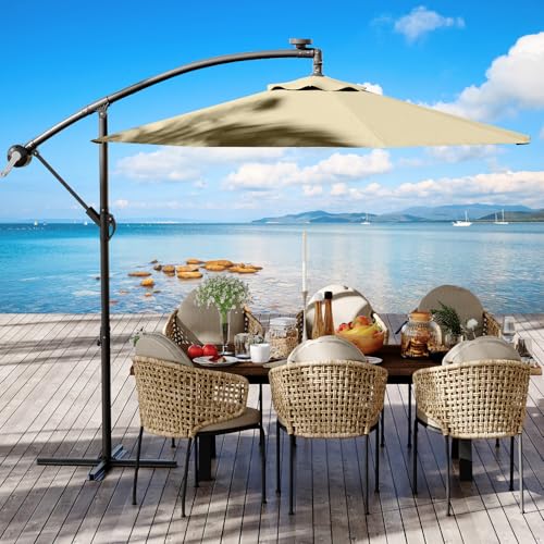 HarmonyHealth 10FT Cantilever Patio Umbrella with Cross Base, Outdoor Offset Market Umbrella with Infinite Tilt and Crank Lift, Outside Umbrellas for Backyard Lawn Garden and Pool (Beige)