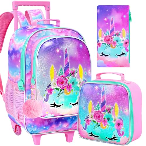 AGSDON 3PCS Rolling Backpacks for Girls, Elementary Kids Unicorn Wheels Backpack School Bookbags and Lunch Box