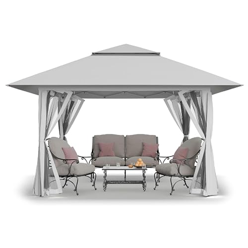 CROWN SHADES 13x13 Pop Up Gazebo, Canopy Tent, Gazebos on Clearance - Outdoor Gazebo for Backyard & Patio Furniture - Carpa Pop Up Tent with Wheeled STO-N-Go Cover Bag (Grey)