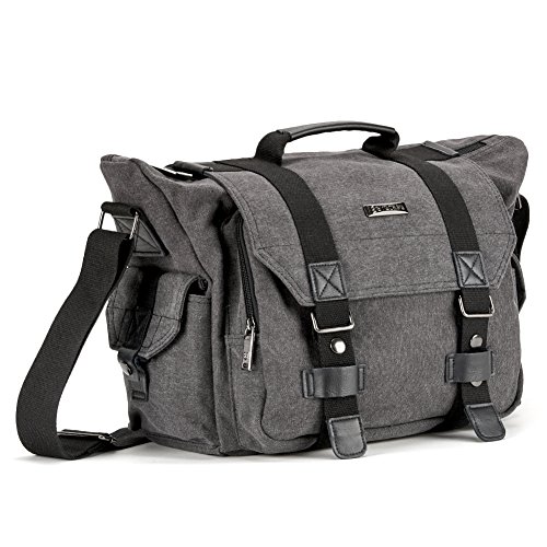 SLR Camera Bag, Evecase Large Canvas Messenger SLR/DSLR Camera Bag with Rain Cover for Digital Cameras, Laptops and Other Accessories - Gray