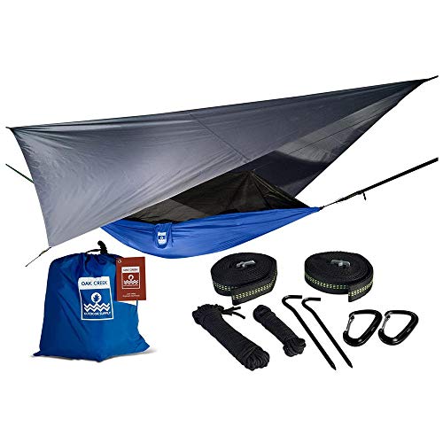 Oak Creek Lost Valley Camping Hammock. Bundle Includes Mosquito Net, Rain Fly, Tree Straps, Compression Sack. Weighs Four Pounds, Perfect for Camping. Lightweight Nylon Single Hammock. Blue and Gray
