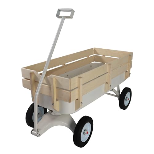 ZeHuoGe Outdoor Sport Wagon All Terrain Pulling w/Removable Wooden Side Panels, Solid Tires Big Foot Panel Wagon,Pull-Along Wagons (White)
