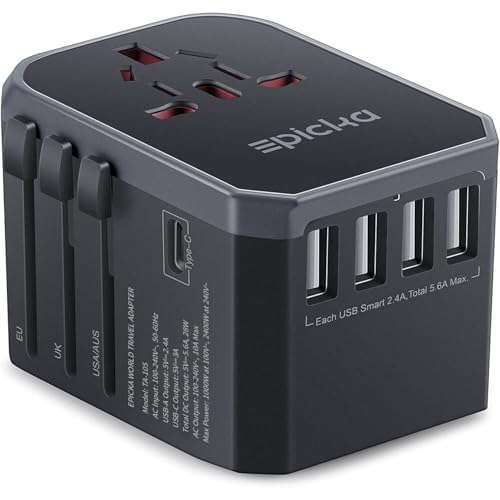EPICKA Universal Travel Adapter, European Travel Plug Adapter (Not a Voltage Converter) - International Power Adapter Worldwide Charger with USB-C & 4 USB-A Ports, Travel Essentials (TA-105, Grey)