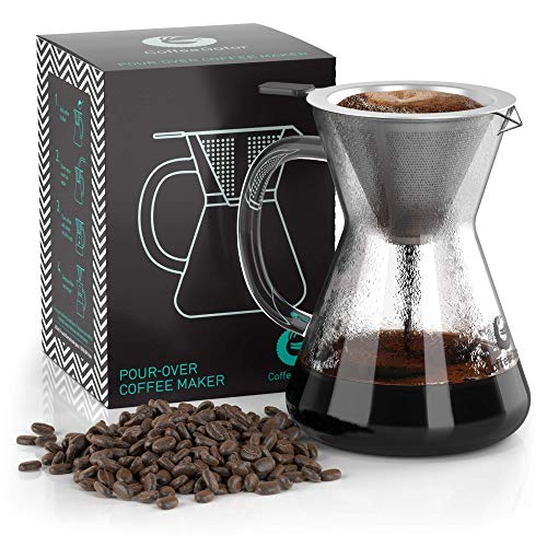 Coffee Gator Pour Over Coffee Maker - 14oz High Heat Borosilicate Glass with Reusable Stainless Steel Filter, Drip Coffee Brewer Pourover Dripper Set Carafe, 400ml Clear