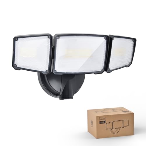 Philips 72W 7400LM LED Flood Lights Outdoor, Switch Controlled Aluminum Security Lights, 3 Adjustable Heads, Wall Mount, 5000K Daylight, Waterproof for Yard, Garage