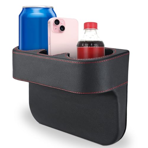 Car Cup Holder, Auto Front Seat Organizer, Multifunctional Cup Drink Holders with PU Leather Cover, Gap Filler Storage Box Coin Bucket Console Side Pocket Cell Mobile Phone Holder (Black)