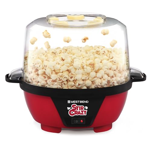 West Bend Stir Crazy Hot Oil Popcorn Popper, Popcorn Maker Machine with Large Serving Bowl Lid and Stirring Rod Perfect for Movie Night Snack Time or Parties, 6-Quart, Red