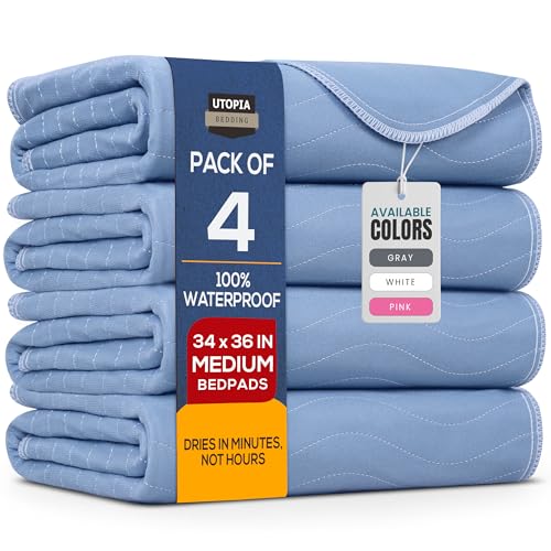 Utopia Bedding Washable Underpads 34' x 36' (Pack of 4), Waterproof Reusable Heavy Absorbency Incontinence Bed Pads for Adults, Kids, Elderly and Pets, Bedwetting Pads for Sofa and Couch (Blue)